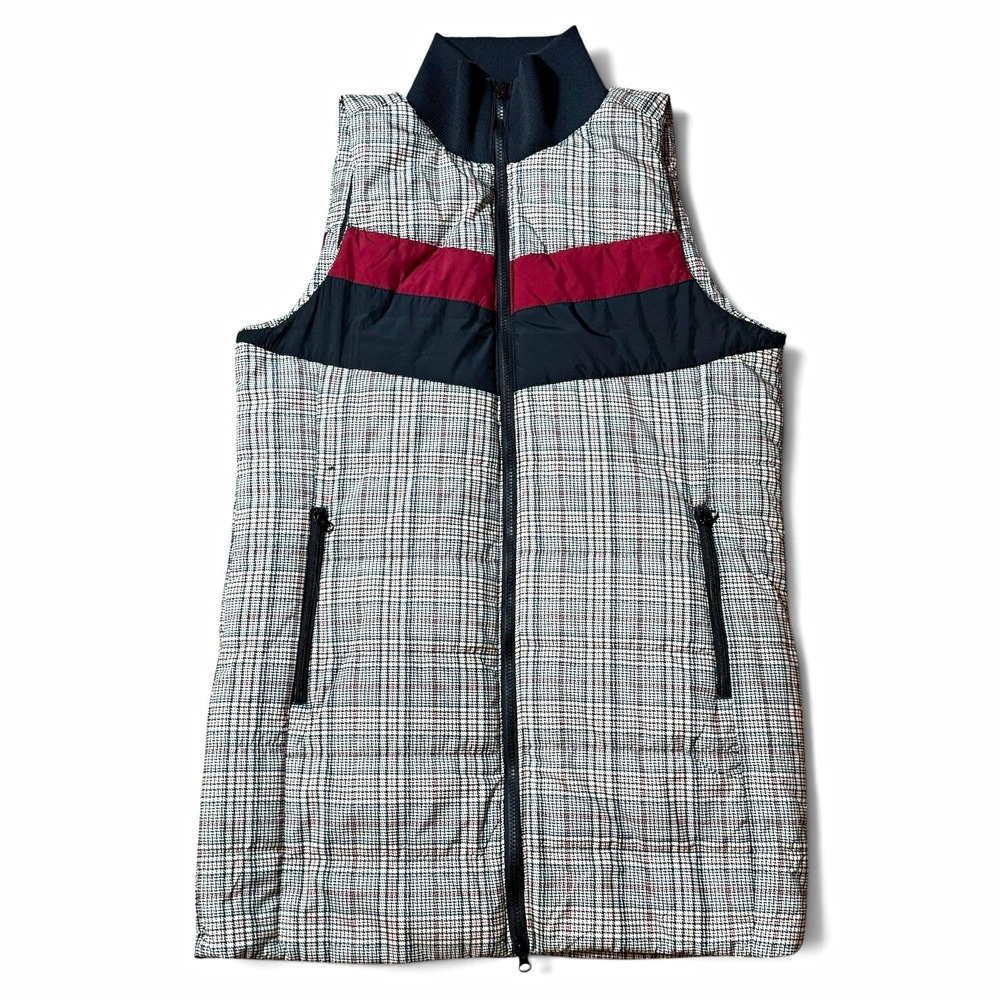 Puffer Vest XL Long Plaid Chevron Pockets Maroon Navy Equestrian Tunic Quilted